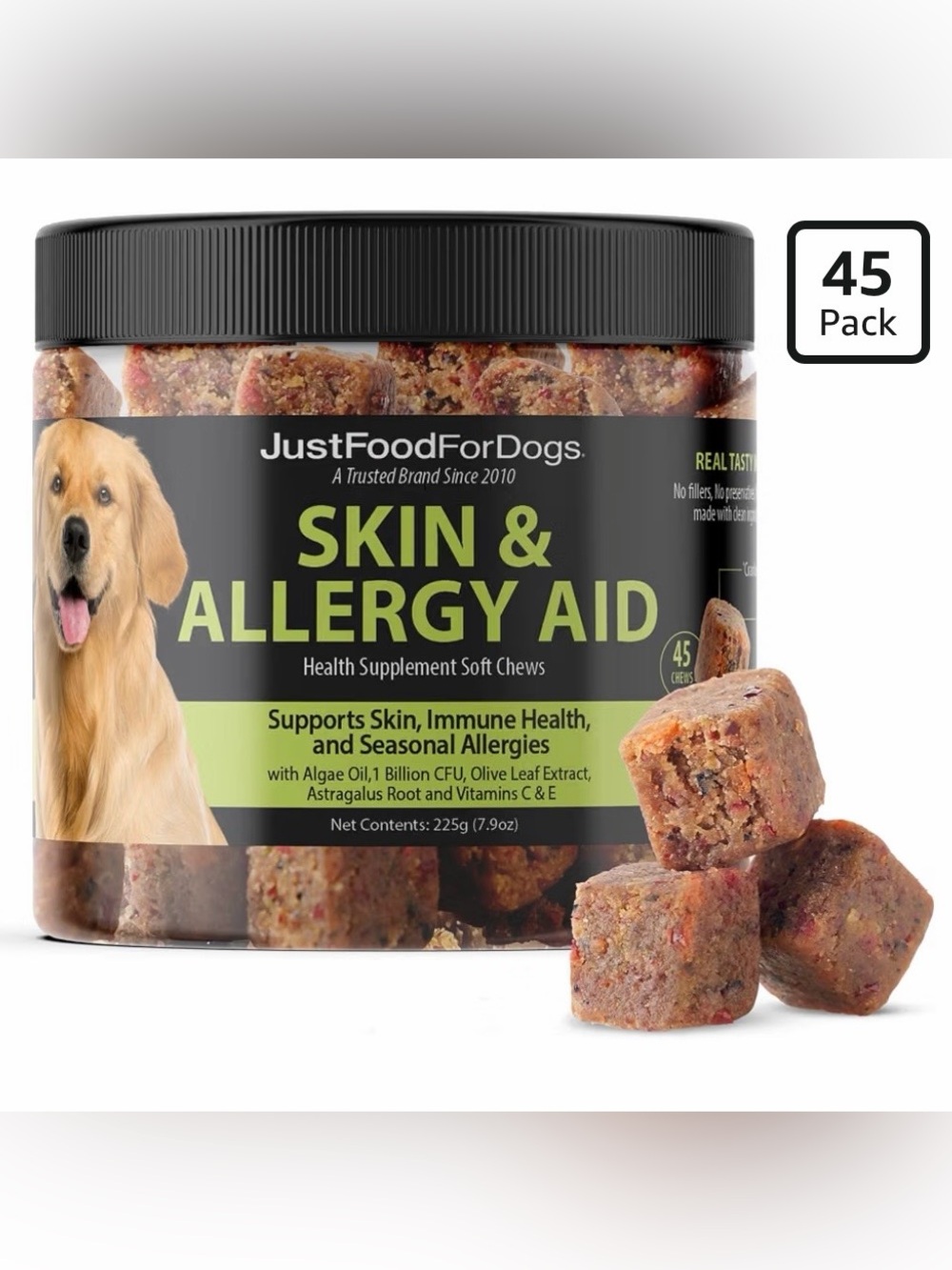JustFoodForDogs Skin & Allergy Aid Chews for Skin & Coat - Qty 45 - NEW & SEALED